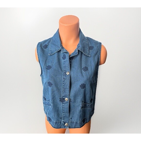 Vintage Cherokee Women’s Cropped Chambray Button Up Shirt Size M Embroidered - Picture 1 of 5